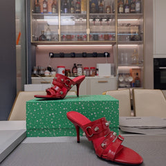 STRAPPY HIGH-HEELED SANDALS IN RED STUDDED WAX-OIL SHEEPSKIN