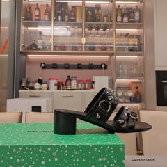 STRAPPY MEDIUM HEELED SANDALS IN BLACK STUDDED WAX-OIL SHEEPSKIN