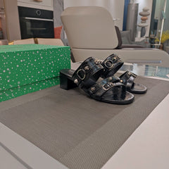 STRAPPY MEDIUM HEELED SANDALS IN BLACK STUDDED WAX-OIL SHEEPSKIN