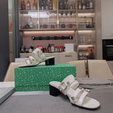 STRAPPY MEDIUM HEELED SANDALS IN WHITE STUDDED WAX-OIL SHEEPSKIN