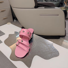 STRAPPY MEDIUM HEELED SANDALS IN WEWAK PINK STUDDED WAX-OIL SHEEPSKIN