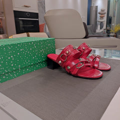 STRAPPY MEDIUM HEELED SANDALS IN RED STUDDED WAX-OIL SHEEPSKIN