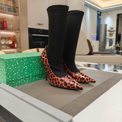 BALENCIAGA 25S POINTED-TOE HIGH HEELS 90 MM IN BLACK FABRIC AND LEOPARD PRINT CALFSKIN STYLE 1