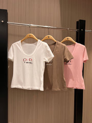 CC Hand-beaded Coco letter U-neck T-shirt Cotton