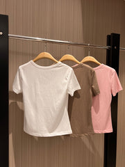 CC Hand-beaded Coco letter U-neck T-shirt Cotton