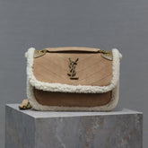 NIKI SMALL 22 IN CAMEL SUEDE AND WHITE SHEARLING