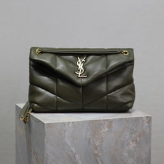 YSL 25S LOULOU PUFFER MM 29 IN DARK OLIVE CALFSKIN GOLD HARDWRE
