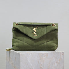 YSL 25S LOULOU PUFFER MM 29 IN GREEN SUEDE GOLD HARDWARE