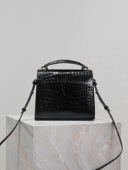 CASSANDRA MINI TOP HANDLE BAG 20 IN BLACK CROCODILE-EMBOSSED GLOSSY CALFSKIN