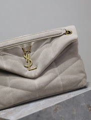 YSL 25S LOULOU PUFFER MM 29 IN SMOKEY TAUPE SUEDE GOLD HARDWRE