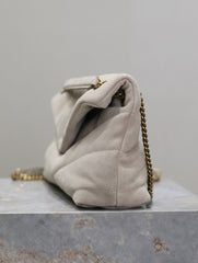 YSL 25S LOULOU PUFFER MM 29 IN SMOKEY TAUPE SUEDE GOLD HARDWARE