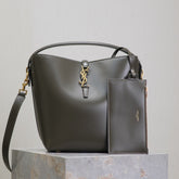 YSL 25S LE 5 À 7 BUCKET 26 IN DARK OLIVE CALFSKIN GOLD HARDWRE