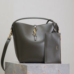 YSL 25S LE 5 À 7 BUCKET 26 IN DARK OLIVE CALFSKIN GOLD HARDWRE