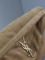 YSL 25S LOULOU PUFFER GM 35 IN TAN BROWN SUEDE GOLD HARDWARE