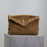YSL 25S LOULOU PUFFER MM 29 IN TAN BROWN SUEDE GOLD HARDWRE