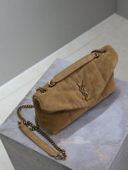 YSL 25S LOULOU PUFFER MINI 23 IN TAN BROWN SUEDE GOLD HARDWRE