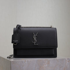 YSL 25S SUNSET MEDIUM 22 IN BLACK GRAINED CALFSKIN SILVER HARDWRE