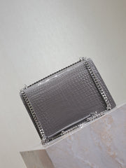 YSL 25S SUNSET MEDIUM 22 IN DARK GRAY CROCODILE-EMBOSSED SHINY CALFSKIN SILVER HARDWARE