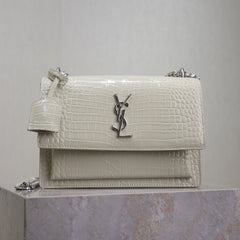 YSL 25S SUNSET MEDIUM 22 IN IVORY CROCODILE-EMBOSSED SHINY CALFSKIN SILVER HARDWARE