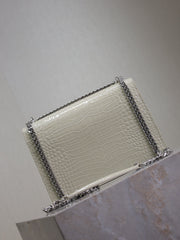 YSL 25S SUNSET MEDIUM 22 IN IVORY CROCODILE-EMBOSSED SHINY CALFSKIN SILVER HARDWRE