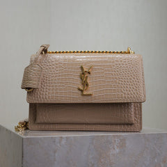 YSL 25S SUNSET MEDIUM 22 IN NUDE CROCODILE-EMBOSSED SHINY CALFSKIN GOLD HARDWARE