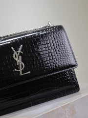 YSL 25S SUNSET MEDIUM 22 IN BLACK CROCODILE-EMBOSSED SHINY CALFSKIN SILVER HARDWRE