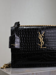 YSL 25S SUNSET MEDIUM 22 IN BLACK CROCODILE-EMBOSSED SHINY CALFSKIN GOLD HARDWARE