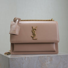 YSL 25S SUNSET BAG 22 IN WARM TAUPE PINK CALFSKIN GOLD HARDWARE