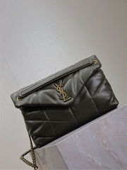 YSL 25S LOULOU PUFFER GM 35 IN DARK OLIVE CALFSKIN GOLD HARDWRE