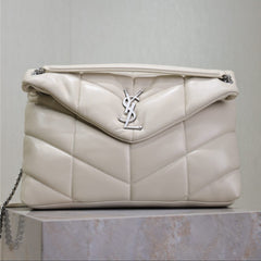 YSL 25S LOULOU PUFFER GM 35 IN SMOKEY TAUPE CALFSKIN SILVER HARDWARE