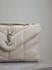 YSL 25S LOULOU PUFFER MINI 23 IN SMOKEY TAUPE CALFSKIN SILVER HARDWRE