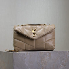 YSL 25S LOULOU PUFFER MINI 23 IN BROWN CALFSKIN GOLD HARDWRE