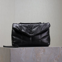 YSL 25S LOULOU PUFFER MINI 23 IN BLACK CALFSKIN BLACK HARDWARE