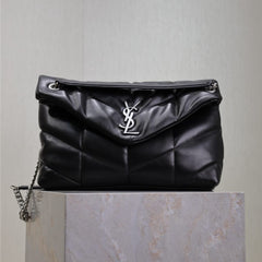 YSL 25S LOULOU PUFFER GM 35 IN BLACK CALFSKIN SILVER HARDWRE