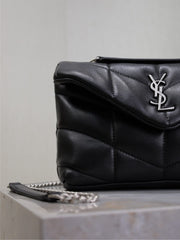 YSL 25S LOULOU PUFFER MINI 23 IN BLACK CALFSKIN SILVER HARDWARE