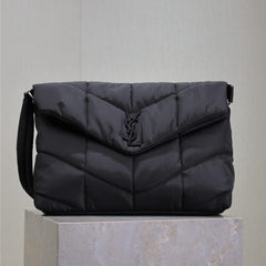 YSL 25S LOULOU PUFFER BAG 34 IN BLACK NYLON SILVER HARDWRE
