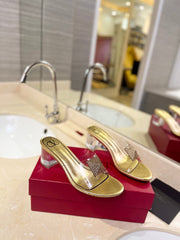 HIGH MULE 60MM IN GOLD SHEEPSKIN AND TRANSPARENT PVC