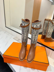 JUMPING BOOT 2 CM IN BRONZE BROWN CALFSKIN AND BLACK MIX WHITE FABRIC