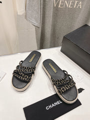 WOVEN STRAP SLIPPERS IN BLACK LAMBSKIN