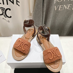 LYMPIA SANDAL IN TRIOMPHE MACCRAMÉ COTTON & CALFSKIN BROWN/DARK BROWN