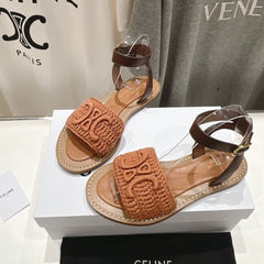 LYMPIA SANDAL IN TRIOMPHE MACCRAMÉ COTTON & CALFSKIN BROWN/DARK BROWN