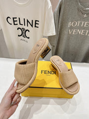 FENDI FFOLD MEDIUM-HEEL SANDALS 45 MM IN TUSCAN BEIGE COTTON FIBRE