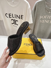 FENDI FFOLD MEDIUM-HEEL SANDALS 45 MM IN BLACK COTTON FIBRE