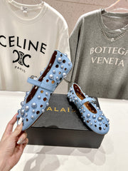 ALAIA PEARL MARY JANE SHOES IN LIGHT BLUE LAMBSKIN