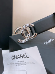 DOUBLE C BELT 40MM IN BLACK CALFSKIN SILVER BUCKLE EMBOSSED WHITE LOGO