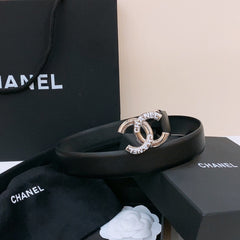 DOUBLE C BELT 30MM IN BLACK CALFSKIN SILVER BUCKLE EMBOSSED WHITE LOGO