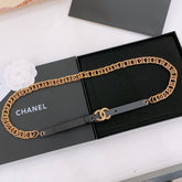 TWISTED GOLD CHAIN BELT IN GOLD METAL BLACK CALFSKIN GOLD BUCKLE