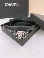 DOUBLE C BELT 20MM IN BLACK CALFSKIN WITH SILVER CHAIN INTERWOVEN BUCKLE