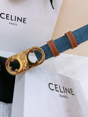 CELINE 25S BELT TRIOMPHE TAURILLON 25MM IN BROWN CALFSKIN AND DENIM 558352