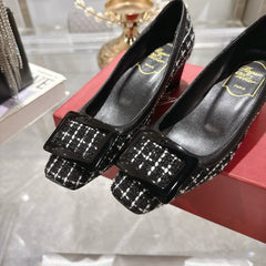 ROGER VIVIER 25S TROMPETTE BALLERINAS 45MM IN BLACK TWEED